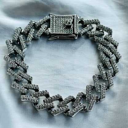 Solitaire Cubic Zirconia Iced-Out American Diamond Silver Plated Cuban Chain Bracelet