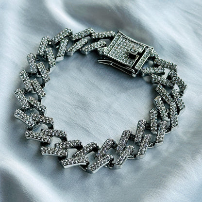 Solitaire Cubic Zirconia Iced-Out American Diamond Silver Plated Cuban Chain Bracelet