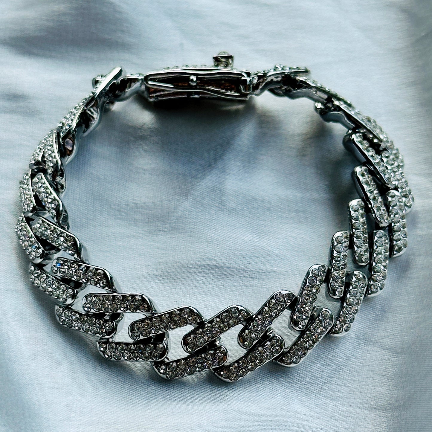 Solitaire Cubic Zirconia Iced-Out American Diamond Silver Plated Cuban Chain Bracelet