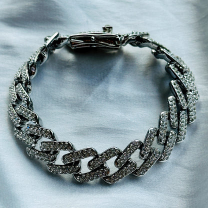 Solitaire Cubic Zirconia Iced-Out American Diamond Silver Plated Cuban Chain Bracelet