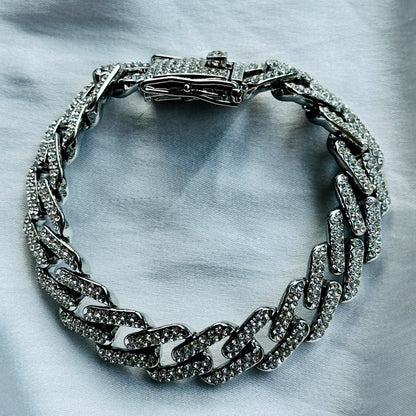 Solitaire Cubic Zirconia Iced-Out American Diamond Silver Plated Cuban Chain Bracelet