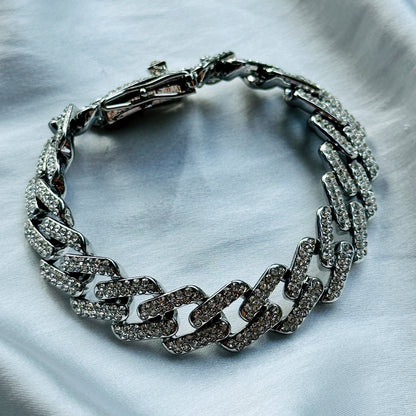 Solitaire Cubic Zirconia Iced-Out American Diamond Silver Plated Cuban Chain Bracelet