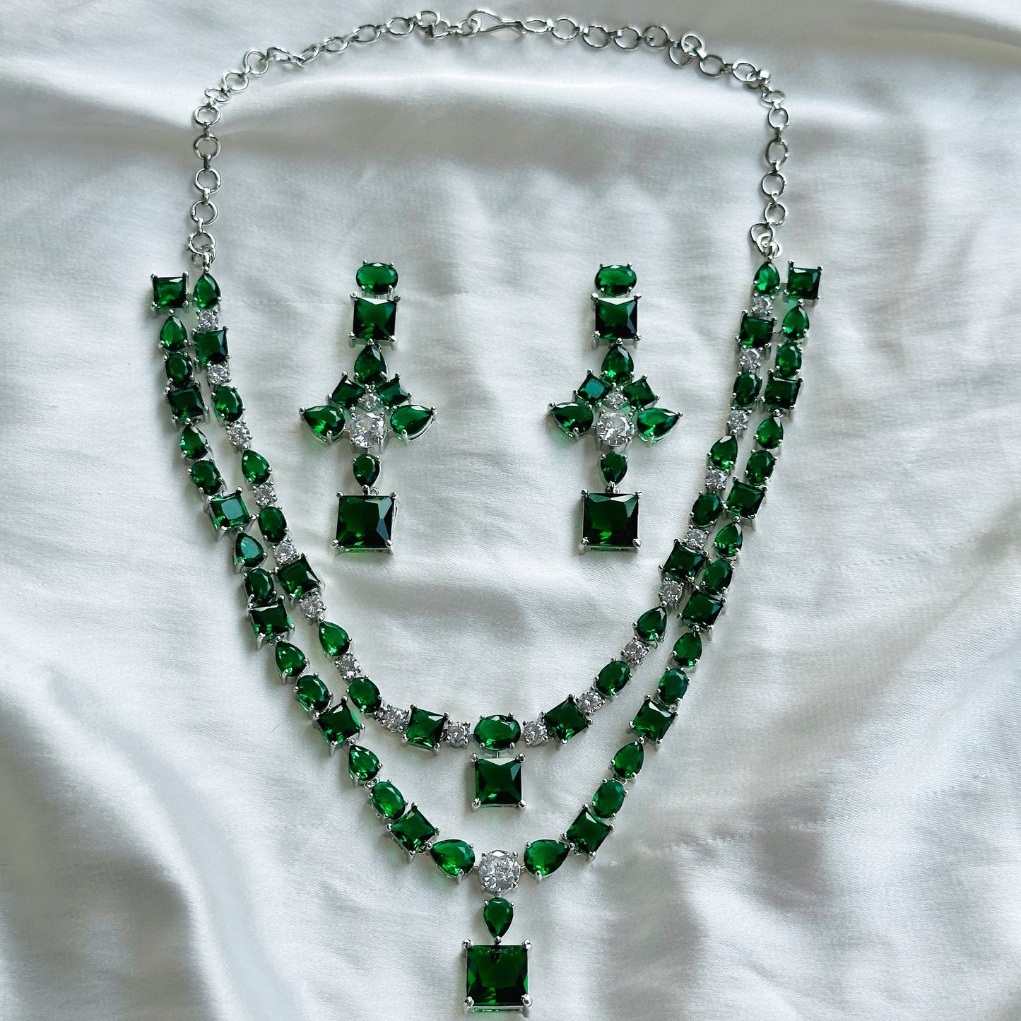 Green Emerald Cubic Zircon Stones American Diamond Double Layered Silver Plated Necklace Set