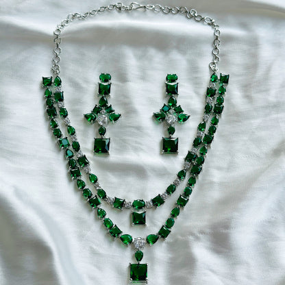 Green Emerald Cubic Zircon Stones American Diamond Double Layered Silver Plated Necklace Set