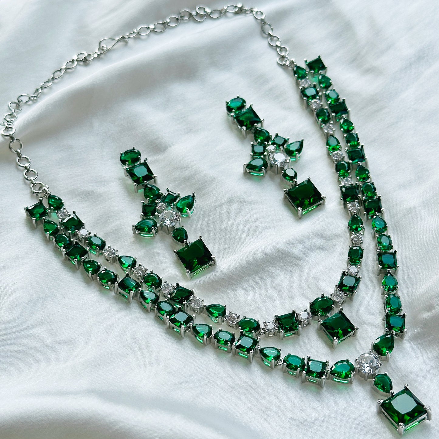 Green Emerald Cubic Zircon Stones American Diamond Double Layered Silver Plated Necklace Set