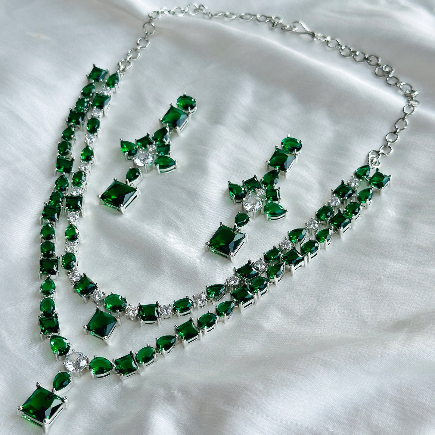 Green Emerald Cubic Zircon Stones American Diamond Double Layered Silver Plated Necklace Set