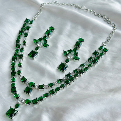 Green Emerald Cubic Zircon Stones American Diamond Double Layered Silver Plated Necklace Set