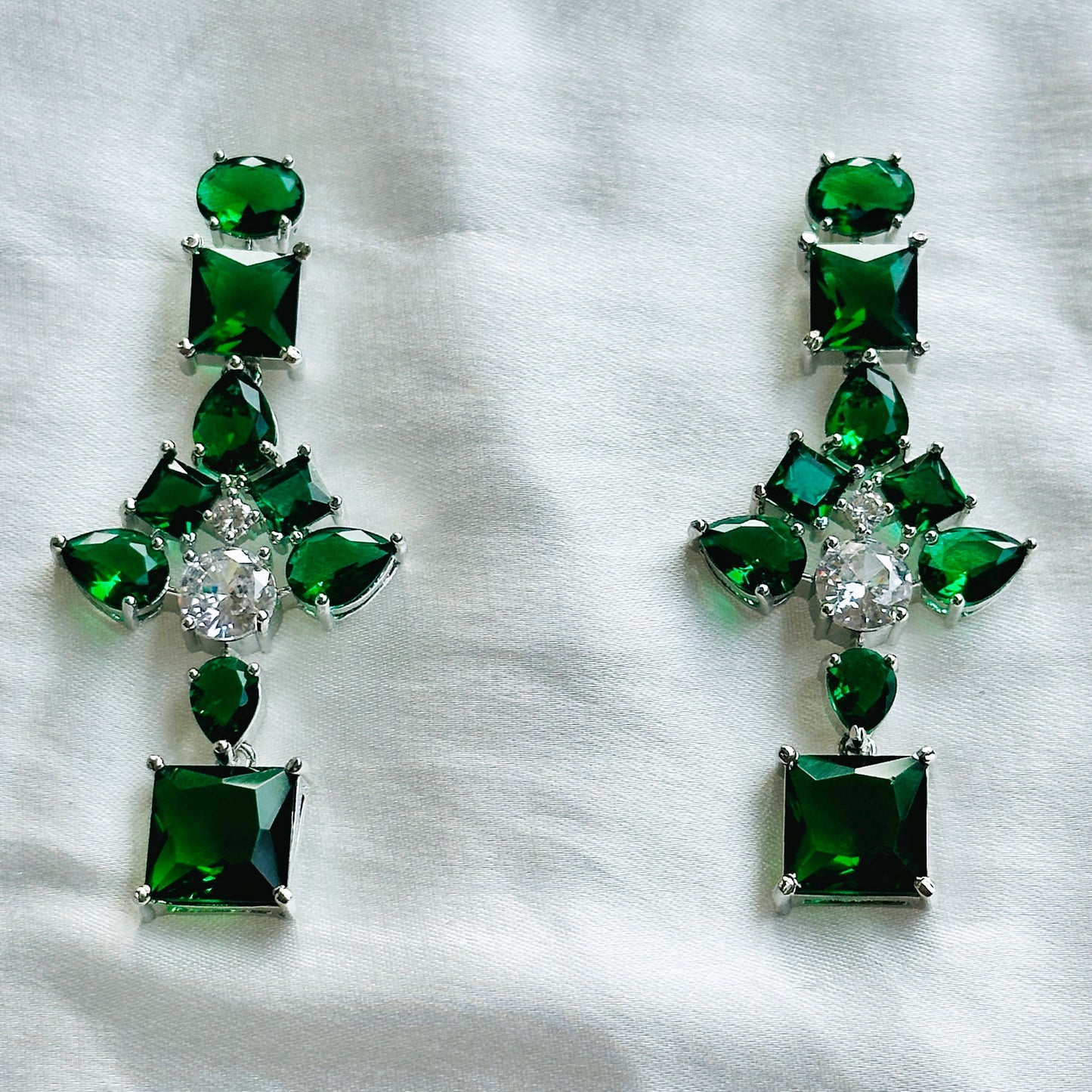 Green Emerald Cubic Zircon Stones American Diamond Double Layered Silver Plated Necklace Set