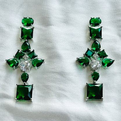 Green Emerald Cubic Zircon Stones American Diamond Double Layered Silver Plated Necklace Set