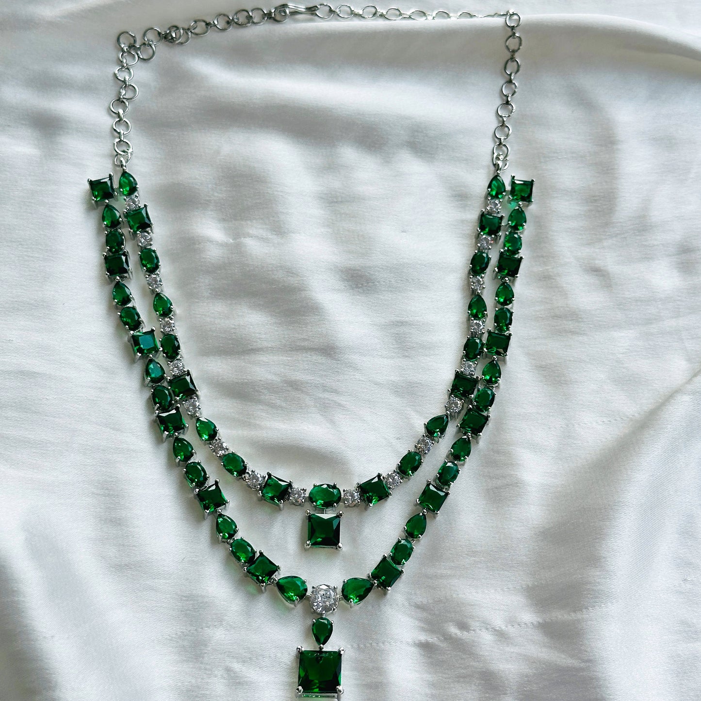 Green Emerald Cubic Zircon Stones American Diamond Double Layered Silver Plated Necklace Set