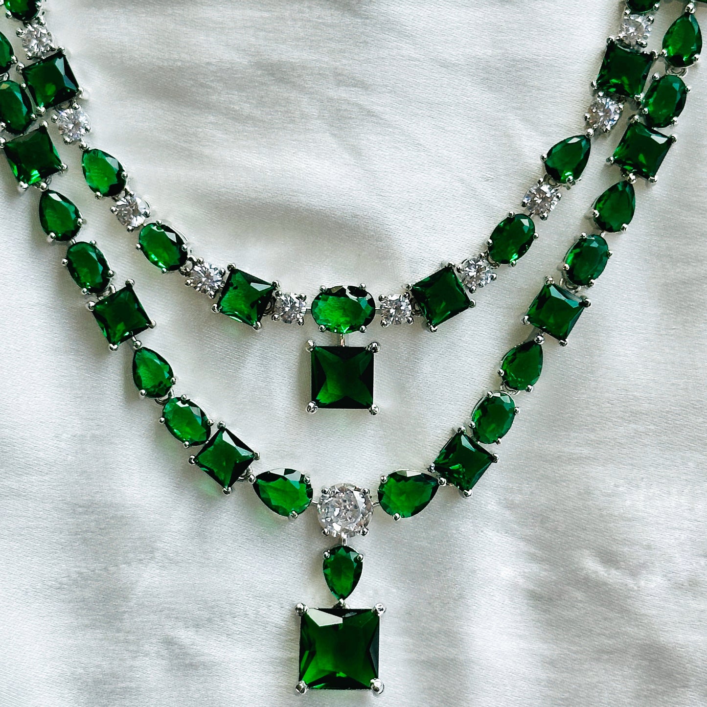 Green Emerald Cubic Zircon Stones American Diamond Double Layered Silver Plated Necklace Set