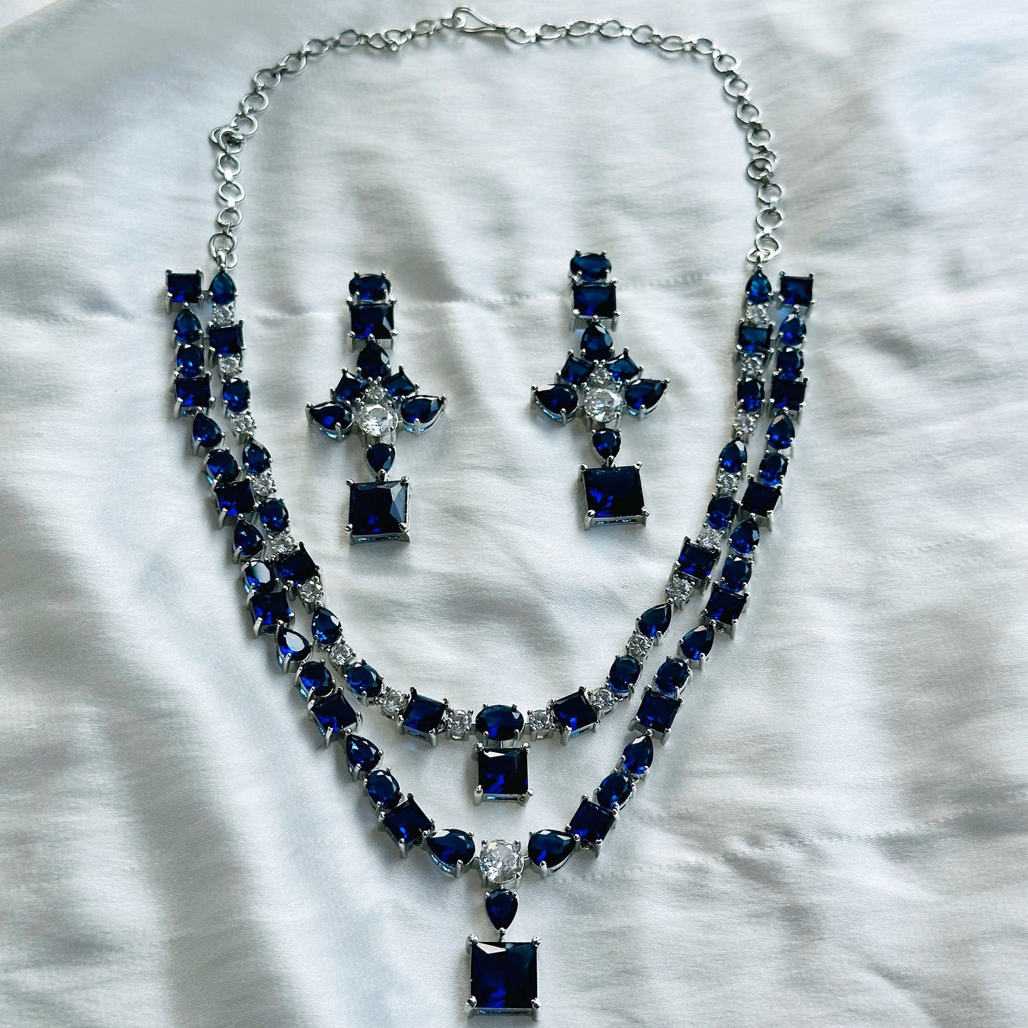Blue Sapphire Zircon Stones American Diamond Double Chain Silver Plated Necklace Set