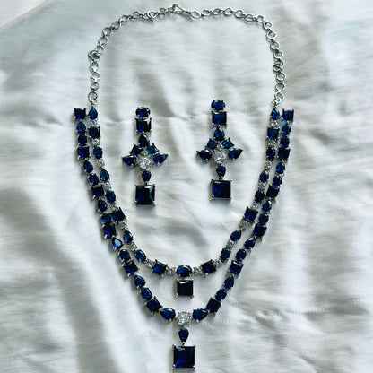Blue Sapphire Zircon Stones American Diamond Double Chain Silver Plated Necklace Set