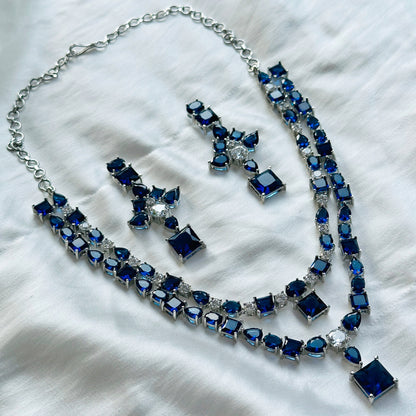 Blue Sapphire Zircon Stones American Diamond Double Chain Silver Plated Necklace Set