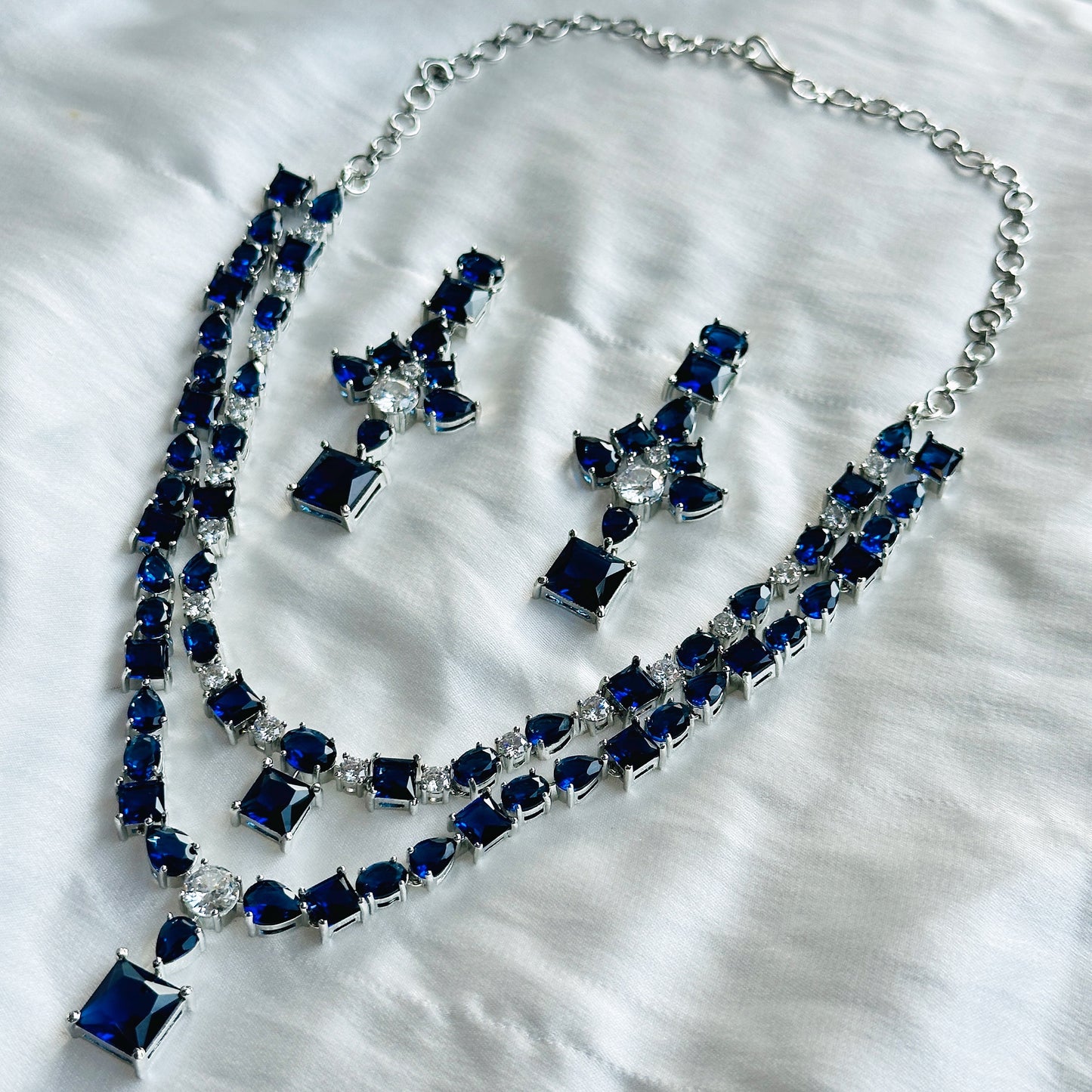 Blue Sapphire Zircon Stones American Diamond Double Chain Silver Plated Necklace Set