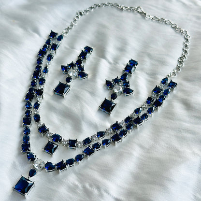 Blue Sapphire Zircon Stones American Diamond Double Chain Silver Plated Necklace Set