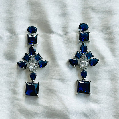 Blue Sapphire Zircon Stones American Diamond Double Chain Silver Plated Necklace Set