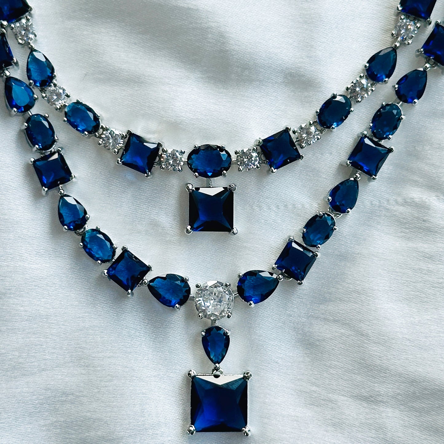 Blue Sapphire Zircon Stones American Diamond Double Chain Silver Plated Necklace Set