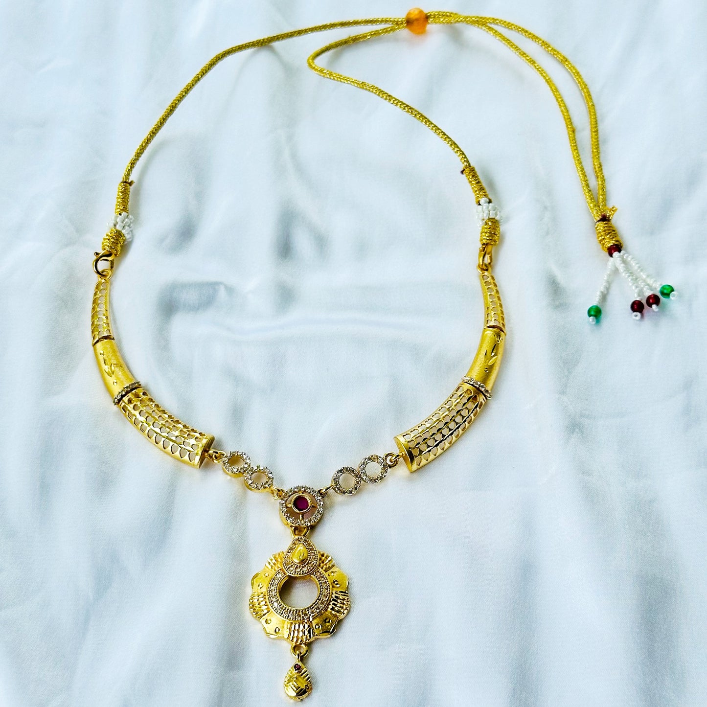 Round Floral Design American Diamond 1 Micron Gold Plated Necklace Set