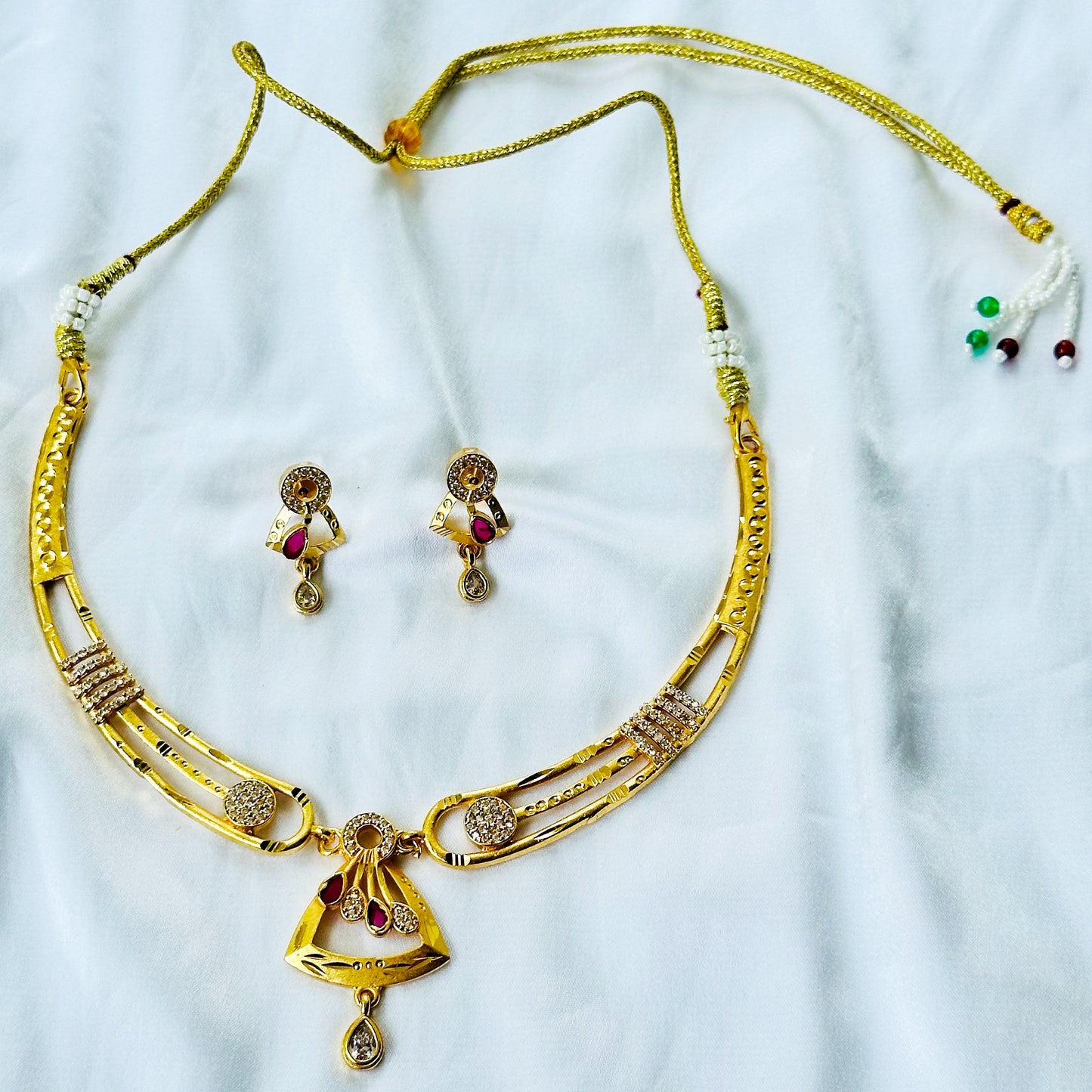 Triangular Drop Design American Diamond 1 Micron Gold Plated Necklace Set