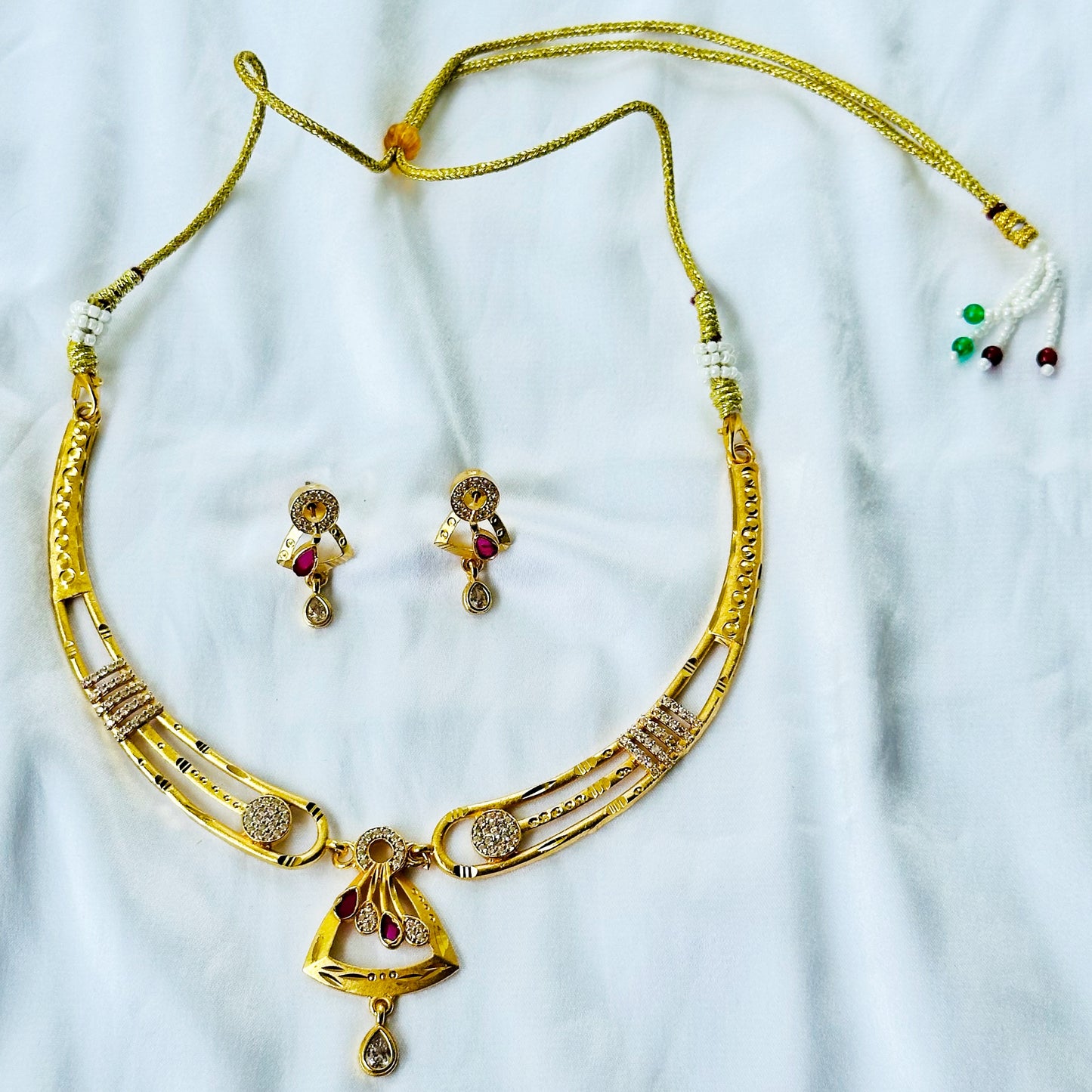 Triangular Drop Design American Diamond 1 Micron Gold Plated Necklace Set