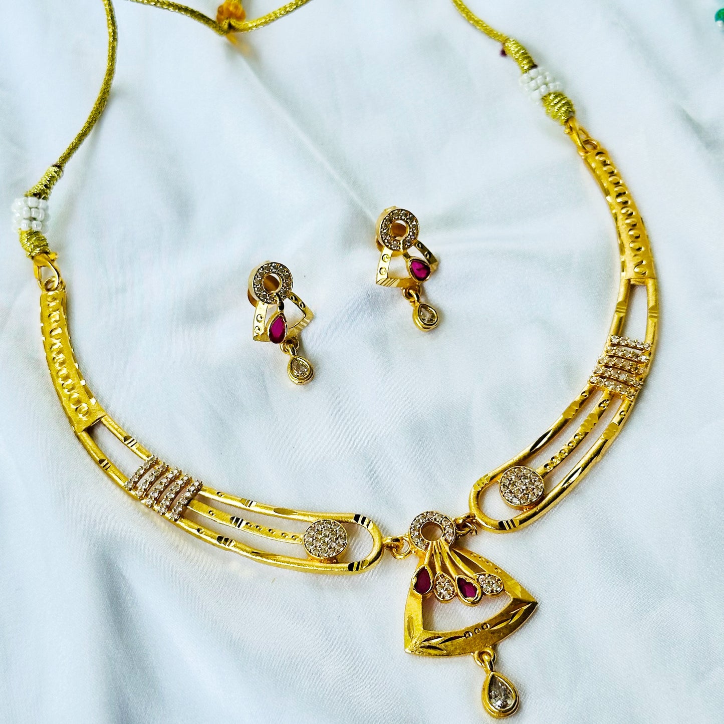 Triangular Drop Design American Diamond 1 Micron Gold Plated Necklace Set