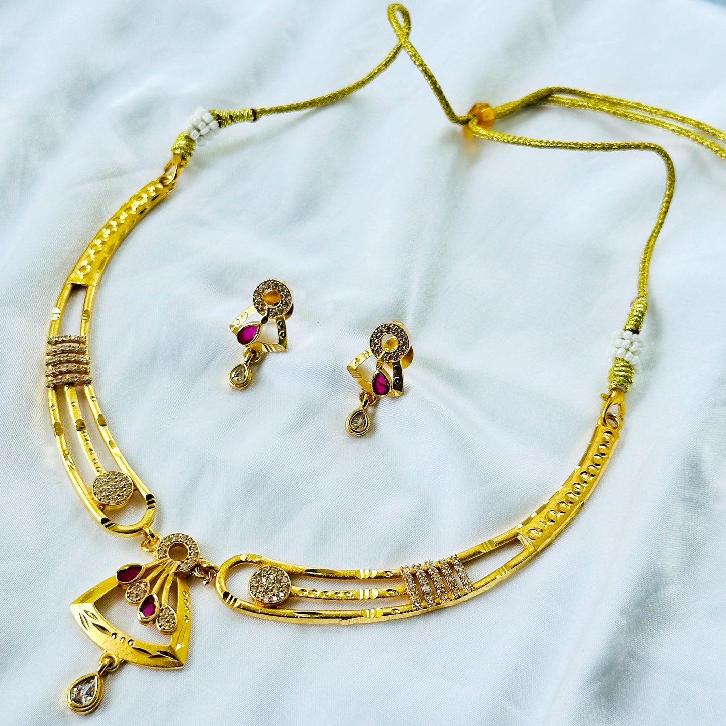Triangular Drop Design American Diamond 1 Micron Gold Plated Necklace Set