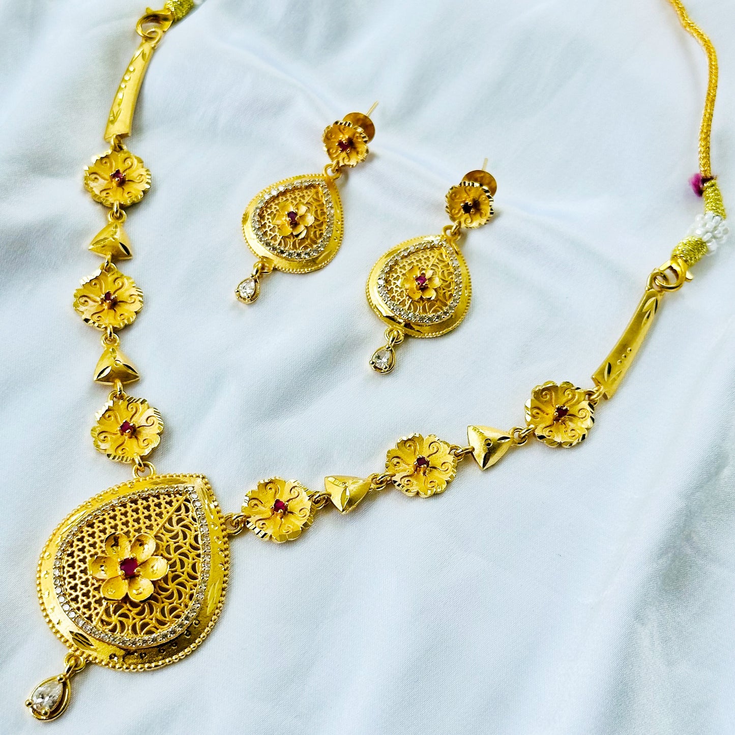 Floral Drop Design American Diamond 1 Micron Gold Plated Necklace Set