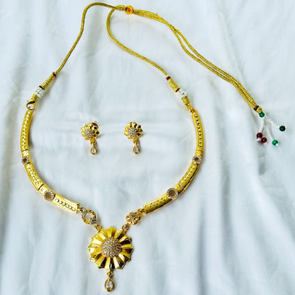 Round Floral Design American Diamond 1 Micron Gold Plated Necklace Set