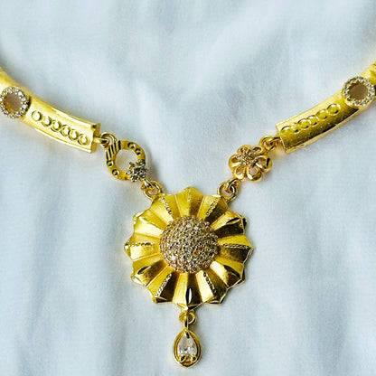 Round Floral Design American Diamond 1 Micron Gold Plated Necklace Set