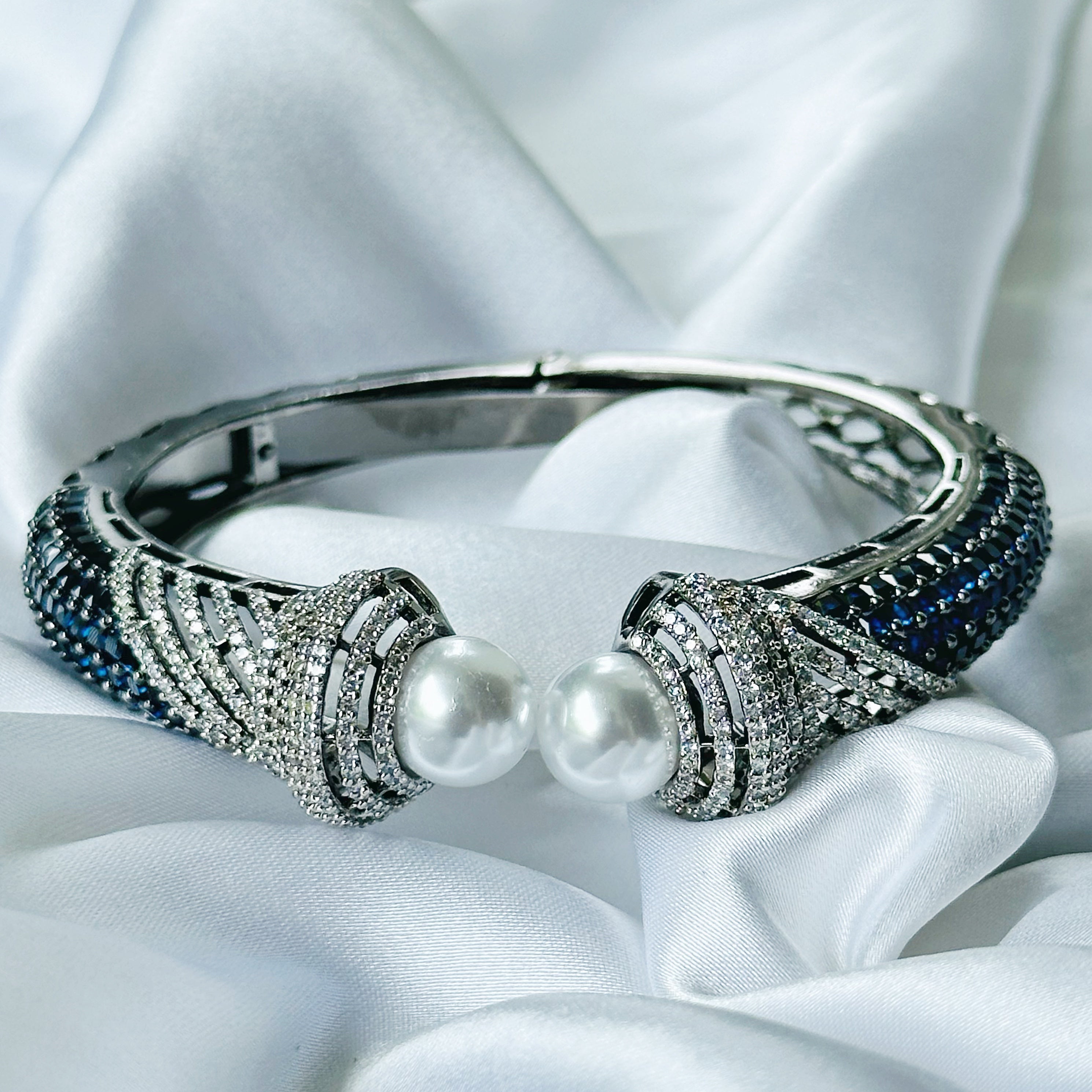 Blue Sapphire Cubic Zircon American Diamond Victorian Plated Bangle Bracelet