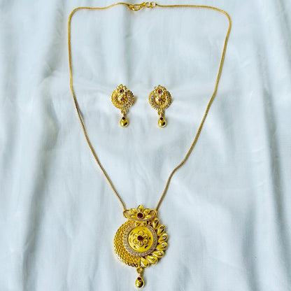Round Floral Leaf Design American Diamond 1 Micron Gold Plated Pendant Set