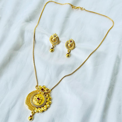 Round Floral Leaf Design American Diamond 1 Micron Gold Plated Pendant Set
