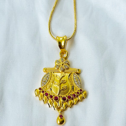 Floral Leaf Design American Diamond 1 Micron Gold Plated Pendant Set