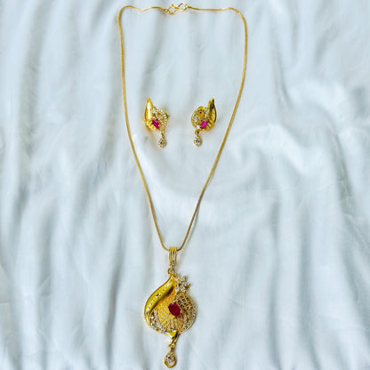 Floral Drop Design American Diamond 1 Micron Gold Plated Pendant Set