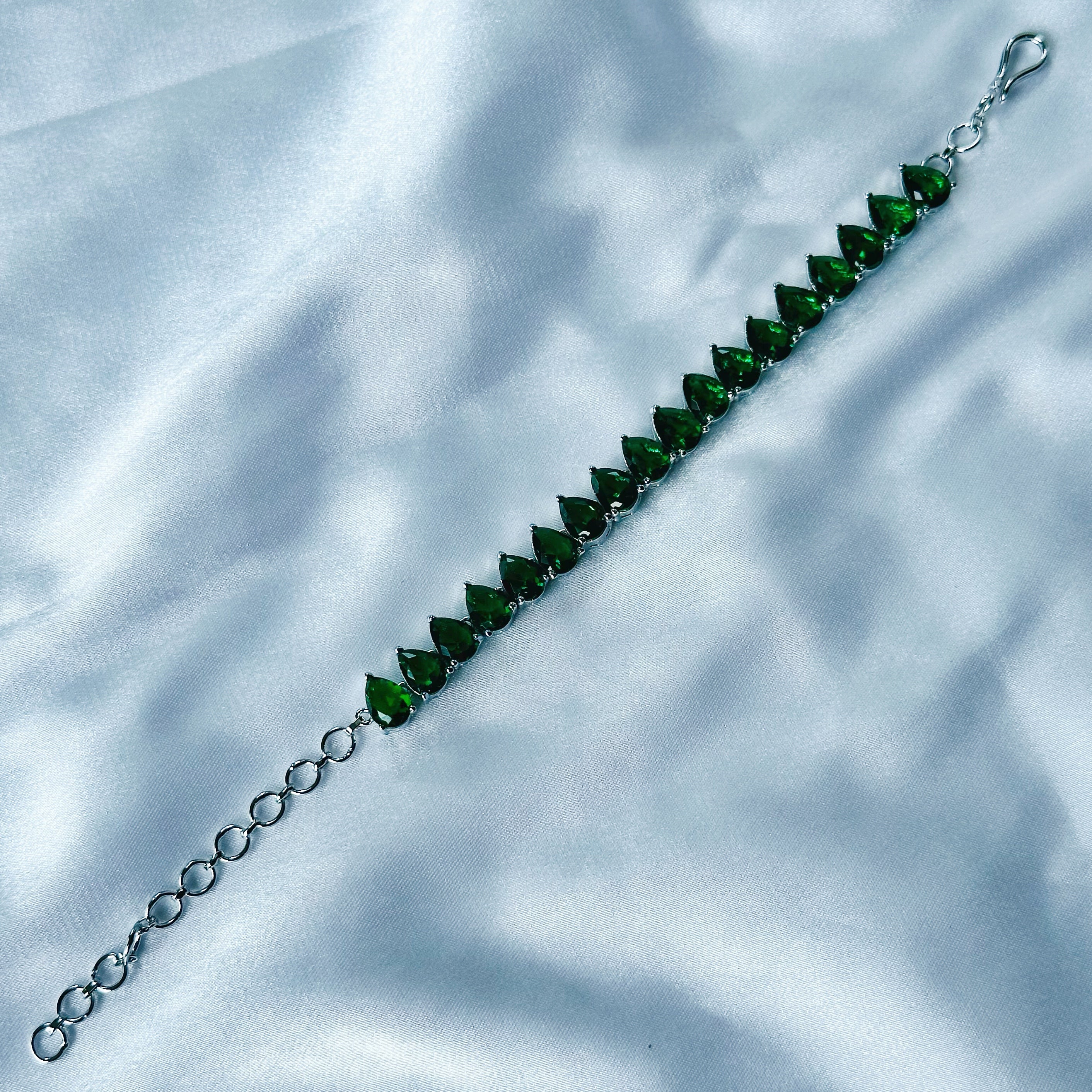 Green Emerald Cubic Zircon Stone American Diamond Silver Plated Chain Bracelet