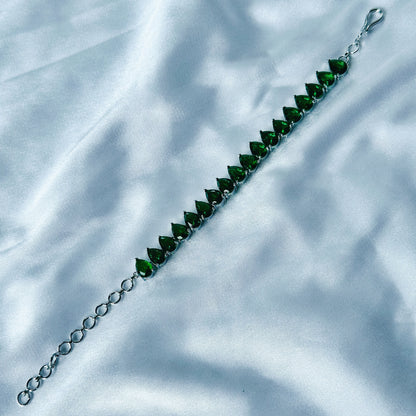 Green Emerald Cubic Zircon Stone American Diamond Silver Plated Chain Bracelet