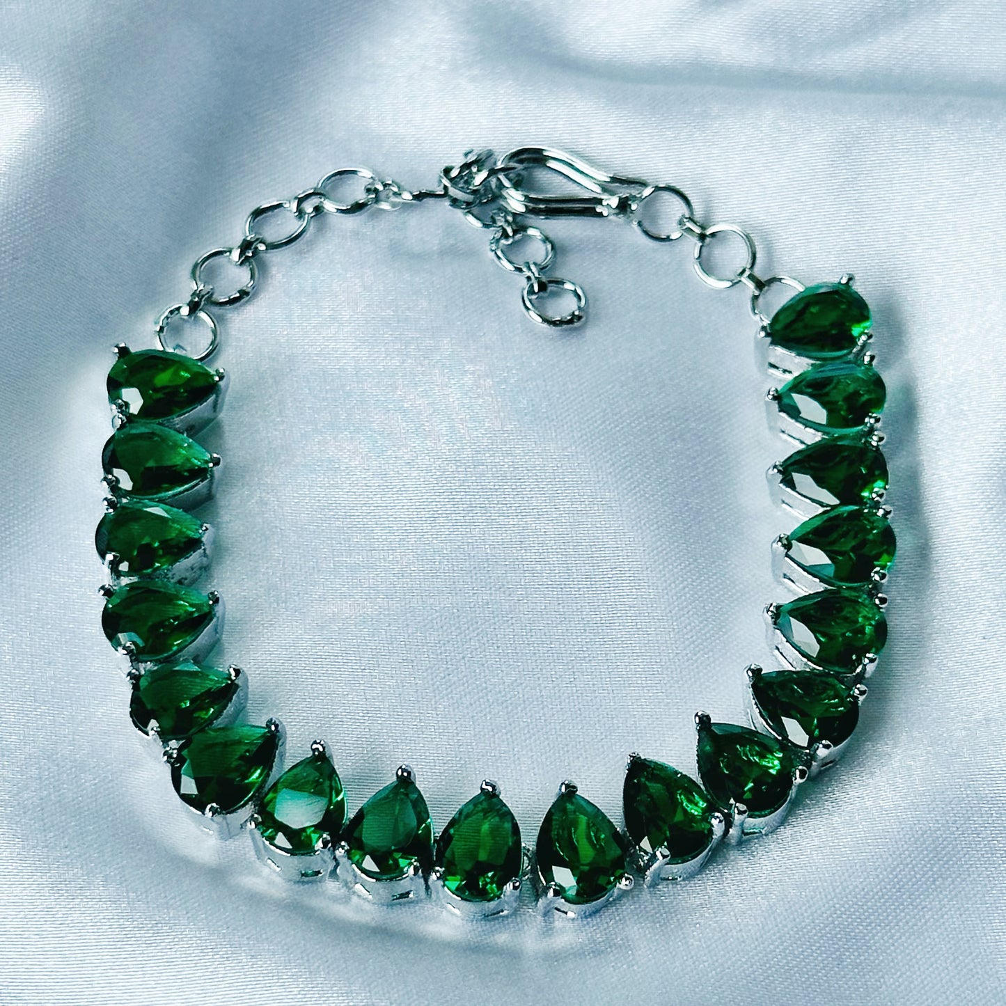 Green Emerald Cubic Zircon Stone American Diamond Silver Plated Chain Bracelet