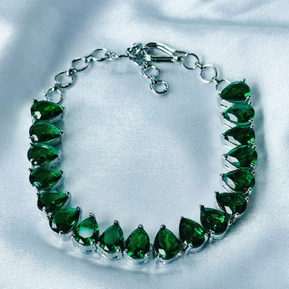 Green Emerald Cubic Zircon Stone American Diamond Silver Plated Chain Bracelet