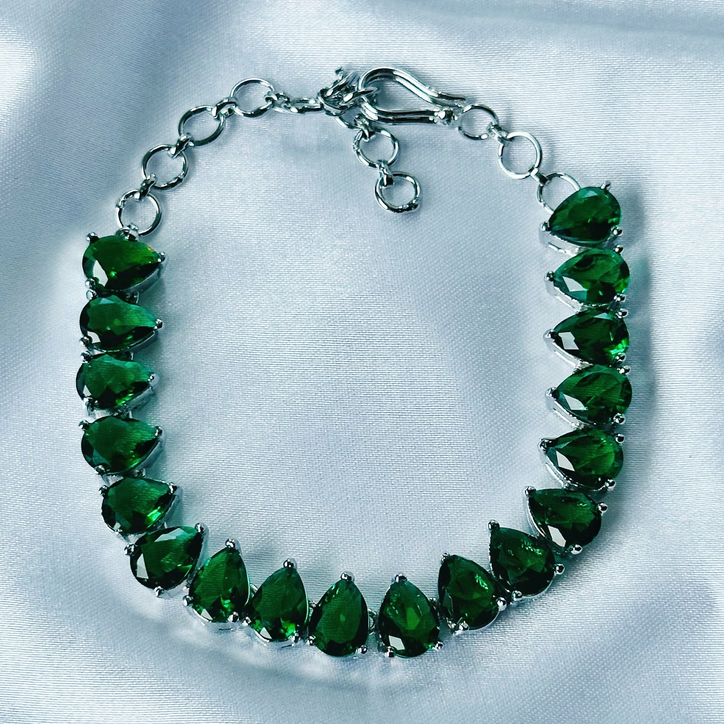 Green Emerald Cubic Zircon Stone American Diamond Silver Plated Chain Bracelet
