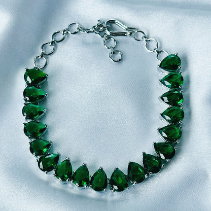 Green Emerald Cubic Zircon Stone American Diamond Silver Plated Chain Bracelet