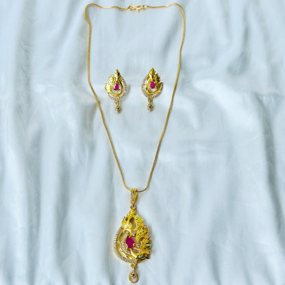 Floral Leaf Drop Design American Diamond 1 Micron Gold Plated Pendant Set