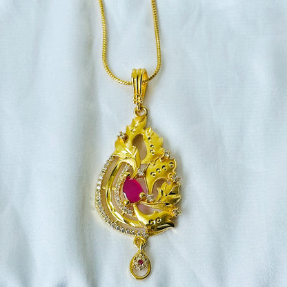 Floral Leaf Drop Design American Diamond 1 Micron Gold Plated Pendant Set