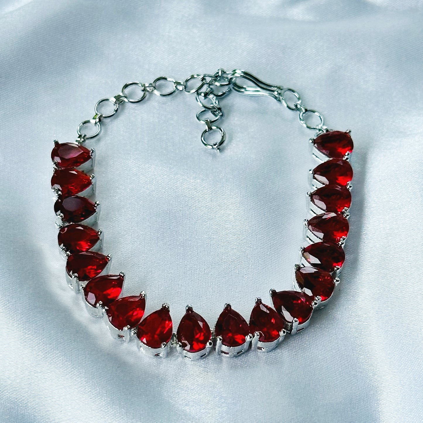 Red Ruby Cubic Zircon Stone American Diamond Silver Plated Chain Bracelet