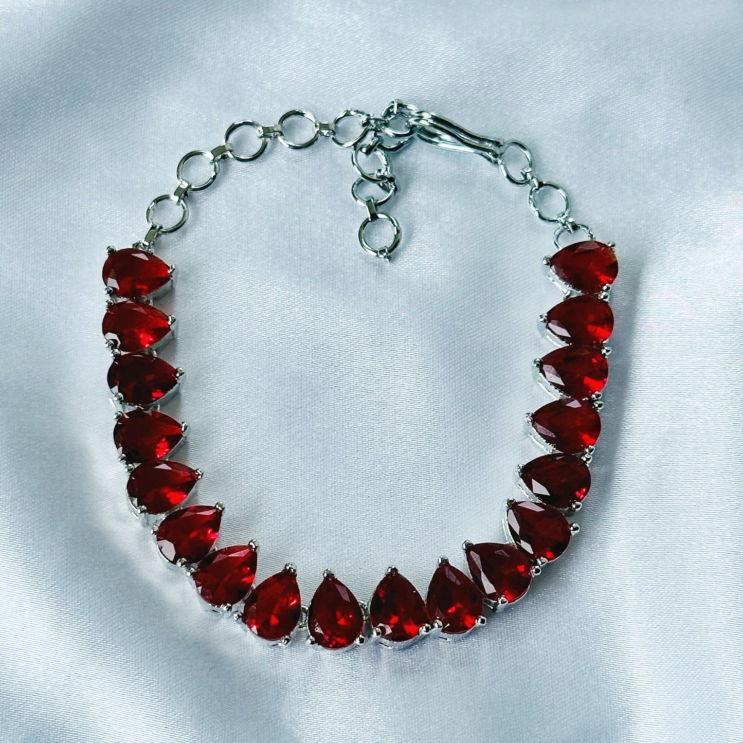 Red Ruby Cubic Zircon Stone American Diamond Silver Plated Chain Bracelet