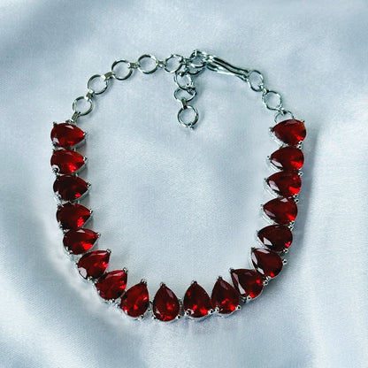 Red Ruby Cubic Zircon Stone American Diamond Silver Plated Chain Bracelet
