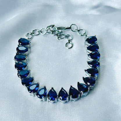 Blue Sapphire Cubic Zircon Stone American Diamond Silver Plated Chain Bracelet