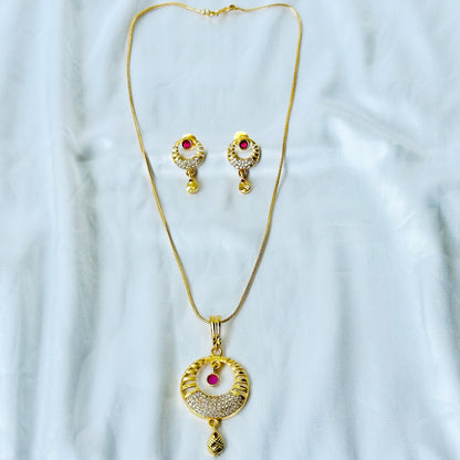 Round Drop Design American Diamond 1 Micron Gold Plated Pendant Set