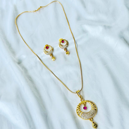 Round Drop Design American Diamond 1 Micron Gold Plated Pendant Set