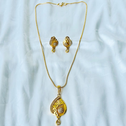Leaf Drop Design American Diamond 1 Micron Gold Plated Pendant Set
